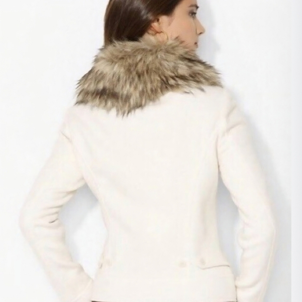 NWT Lauren Ralph Lauren Cream Wool Jacket Removable Faux Fur Collar Small Zip - Picture 12 of 16